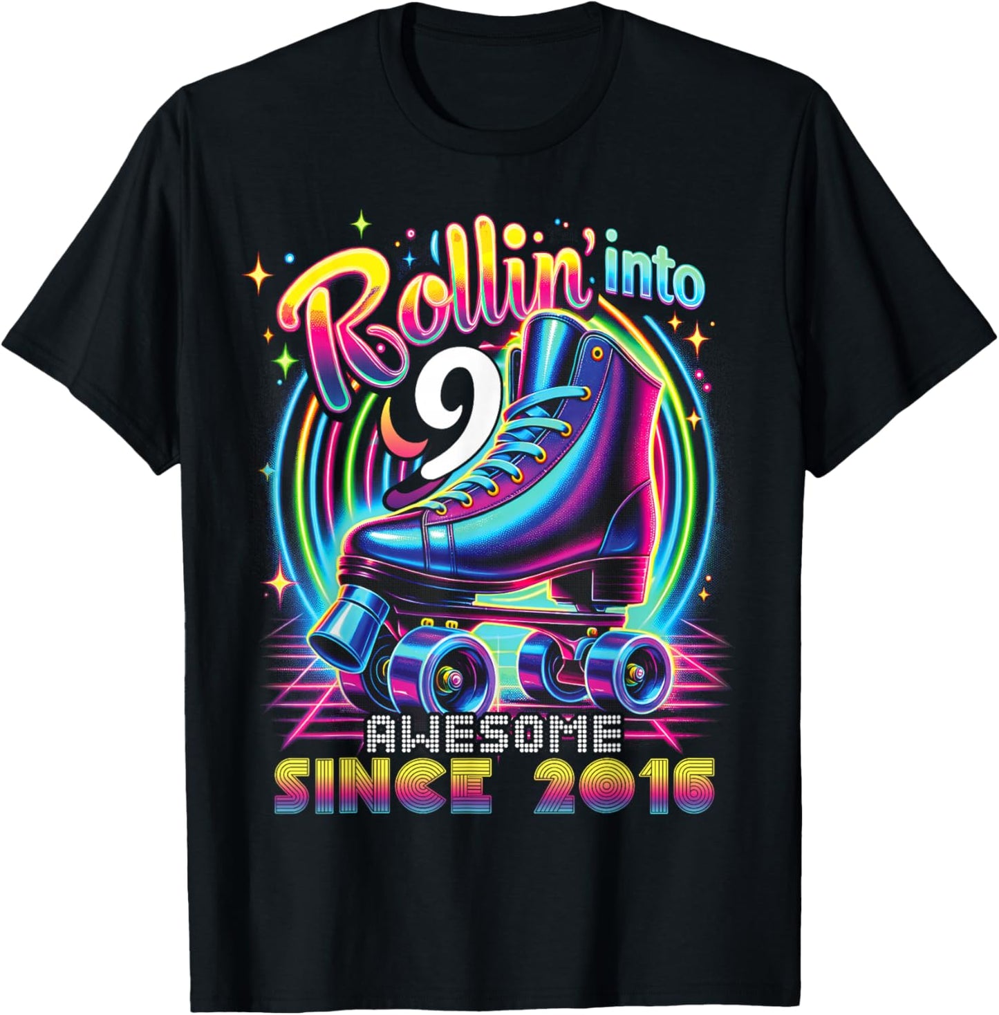 Birthday Roller Skating 9th Girls Rollin into 9 Skate Party T-Shirt - T-Shirt | Black