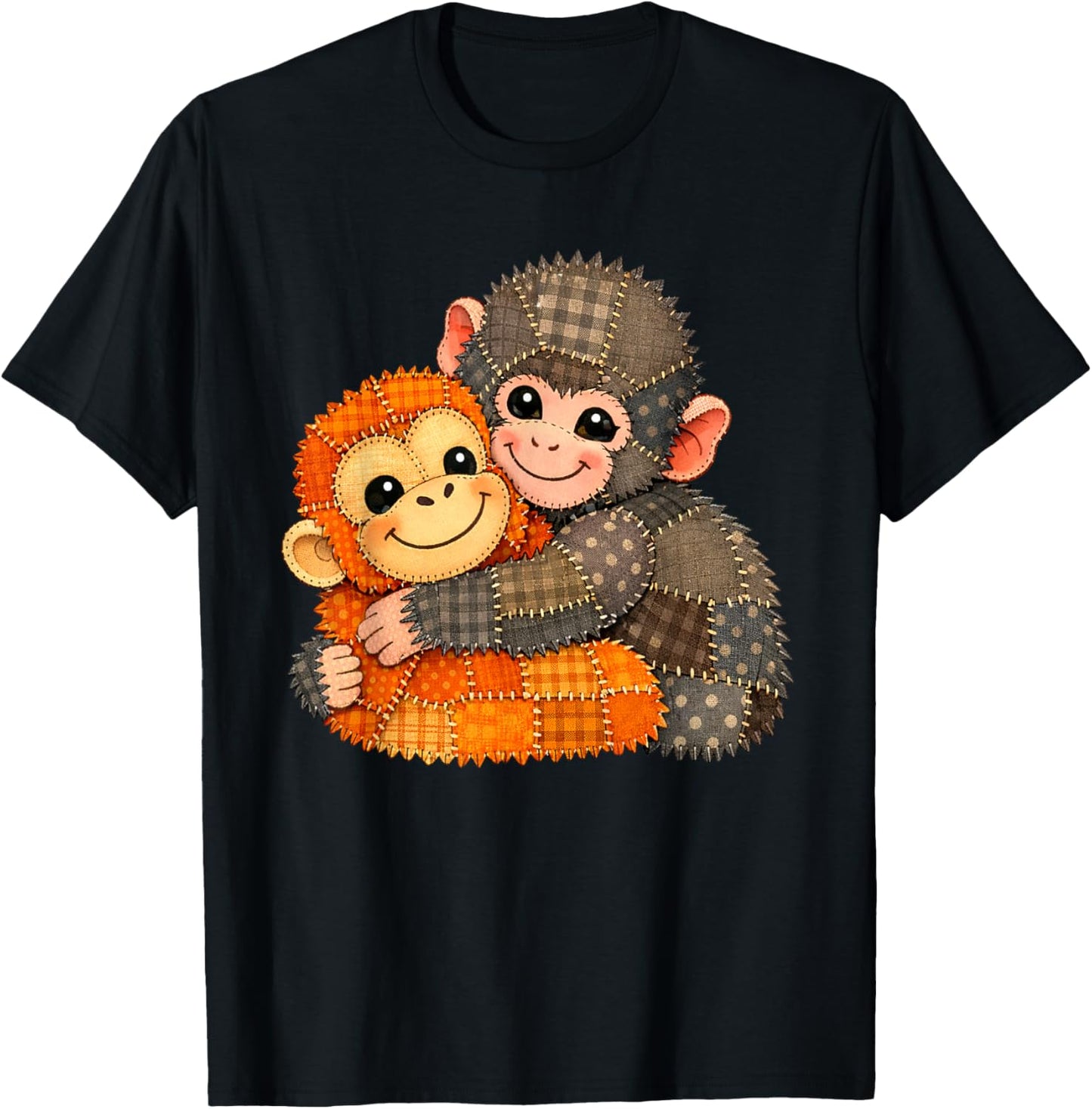 Cute Baby Monkey Plush Hugging Mother Animal Art Emotional T-Shirt - T-Shirt | Black