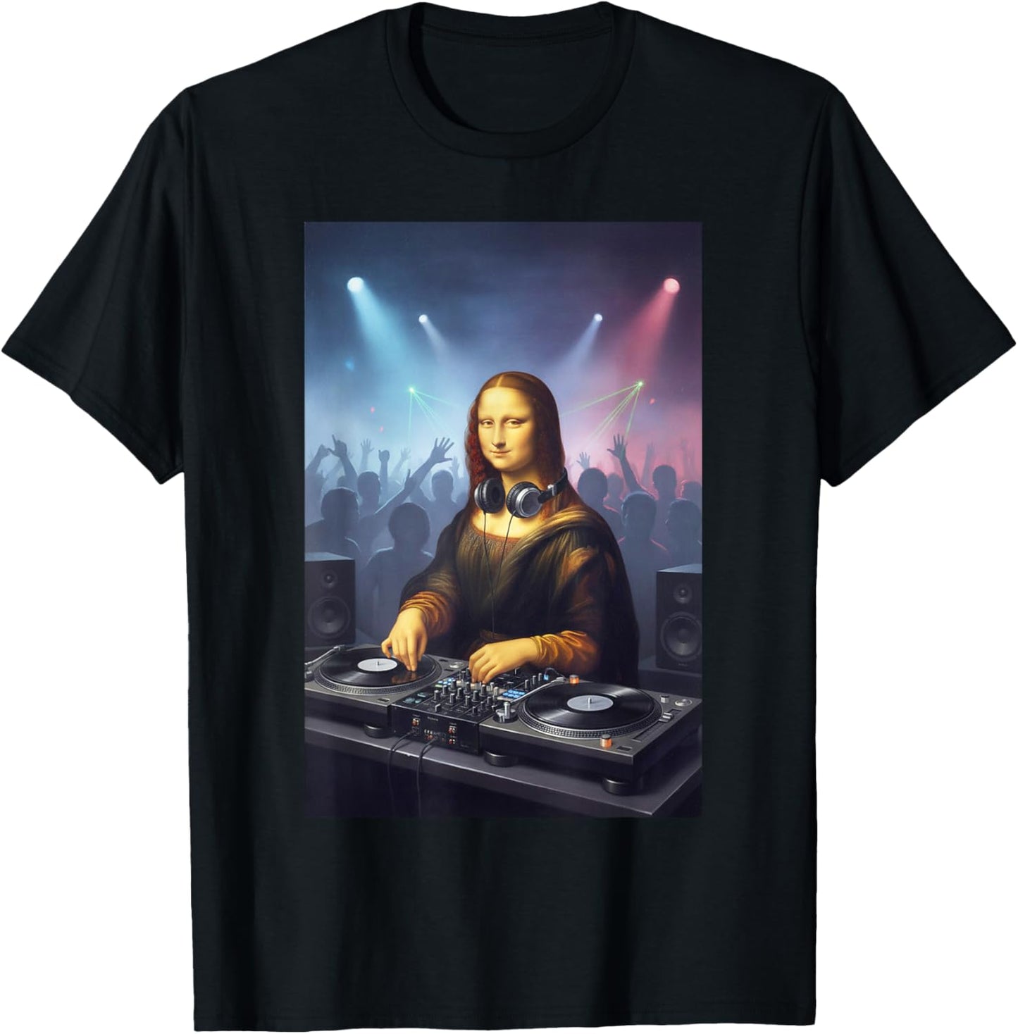 Funny Parody Mona Lisa DJ Party Crowd Art Design T-Shirt - T-Shirt | Black