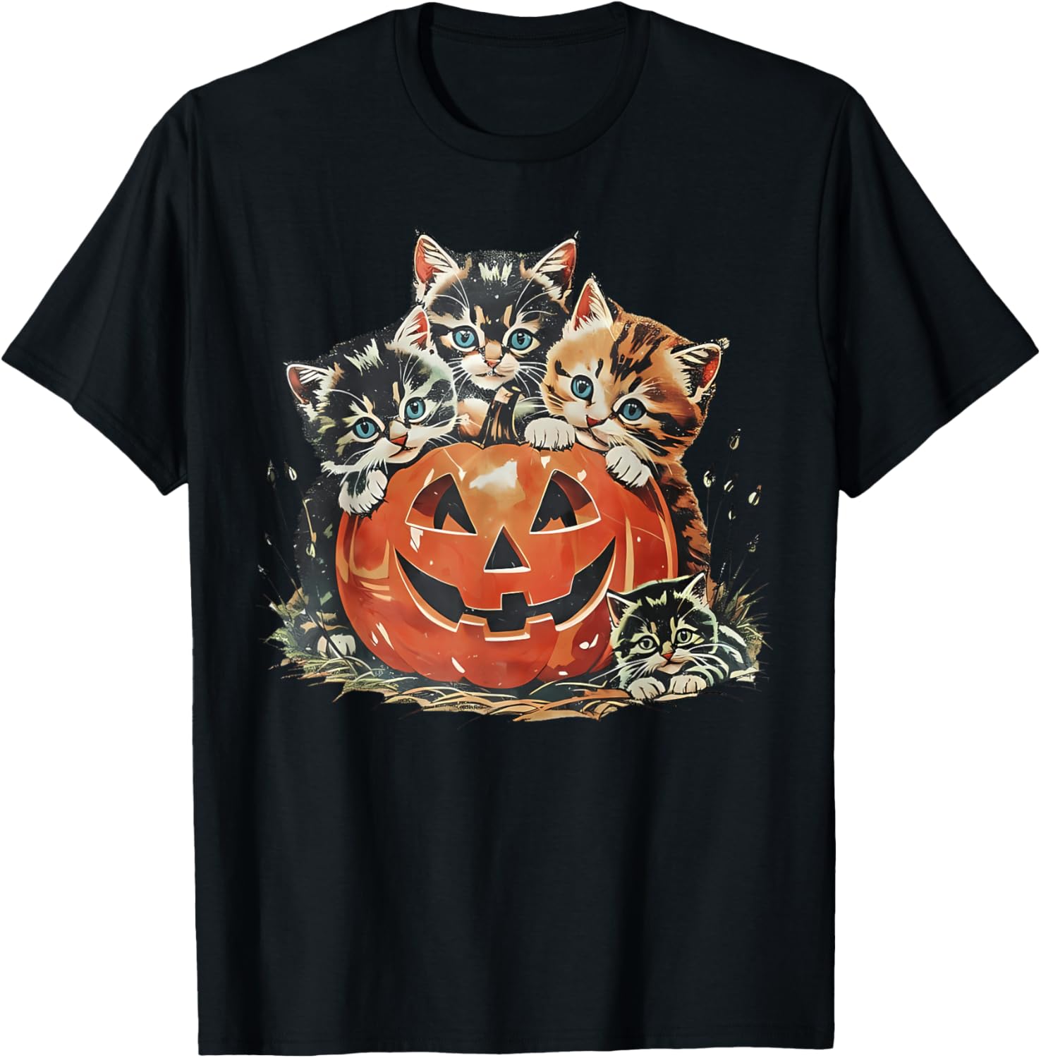 Vintage 90s Cat Pumpkin Halloween Retro Floral Spooky Season T-Shirt - T-Shirt | Black
