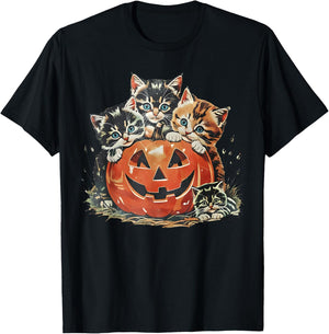 Vintage 90s Cat Pumpkin Halloween Retro Floral Spooky Season T-Shirt - T-Shirt | Black