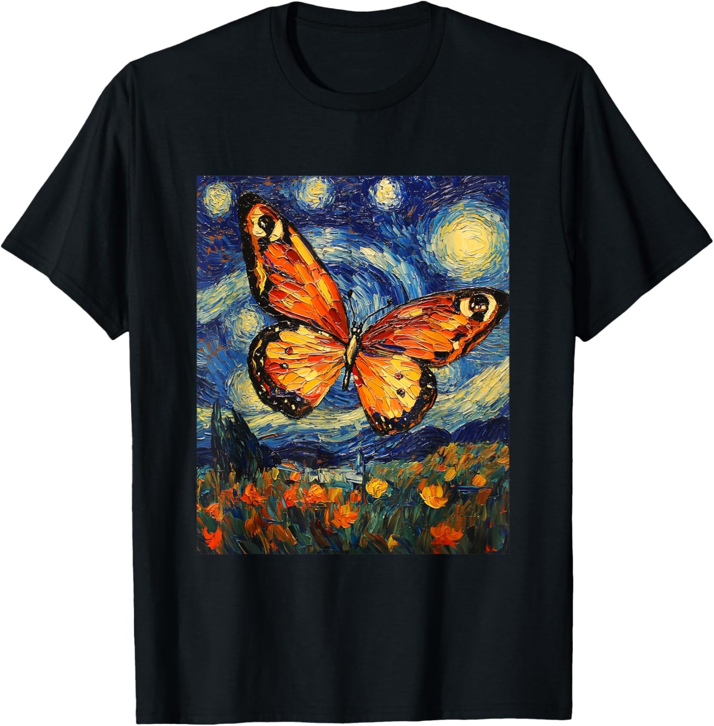 Butterfly Van Gogh Style Starry Night Cute Graphic T-Shirt - T-Shirt | Black