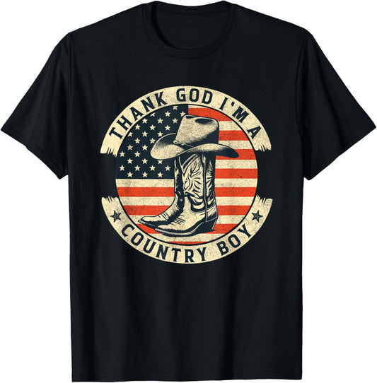 Thank God I'm A Country Music Boy Cowboy Western Retro T-Shirt - T-Shirt | Black