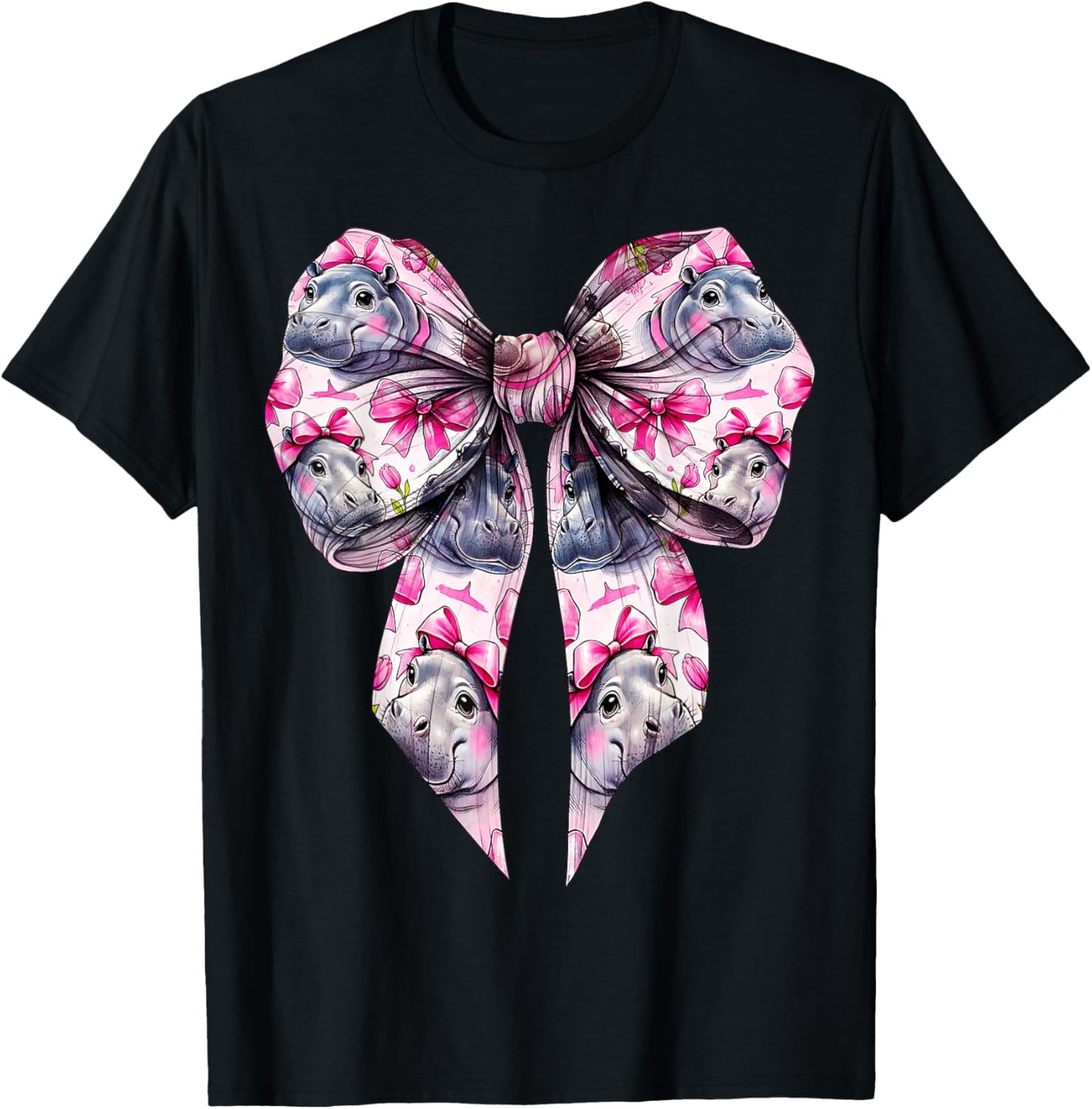 Coquette Bow Hippo Hippopotamus Blushing Pattern Girl Mom T-Shirt - T-Shirt | Black