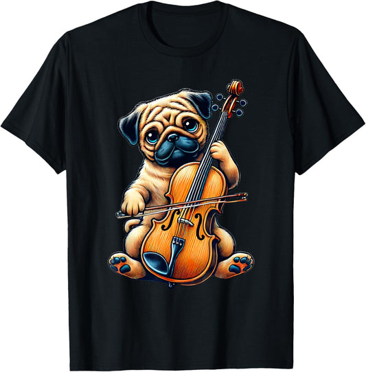 Cute Dog Pug Playing Cello Musician Music T-Shirt - T-Shirt | Black