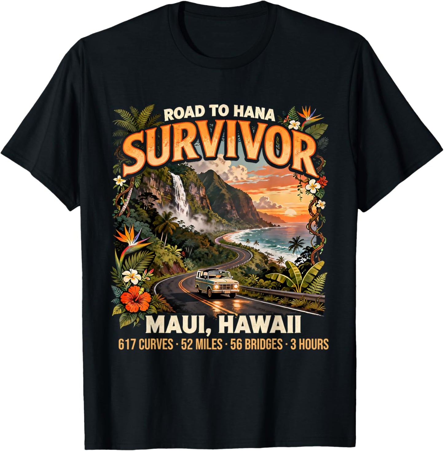 Vintage Road to Hana Survivor Hawaii Scenic Drive Souvenir T-Shirt - T-Shirt | Black