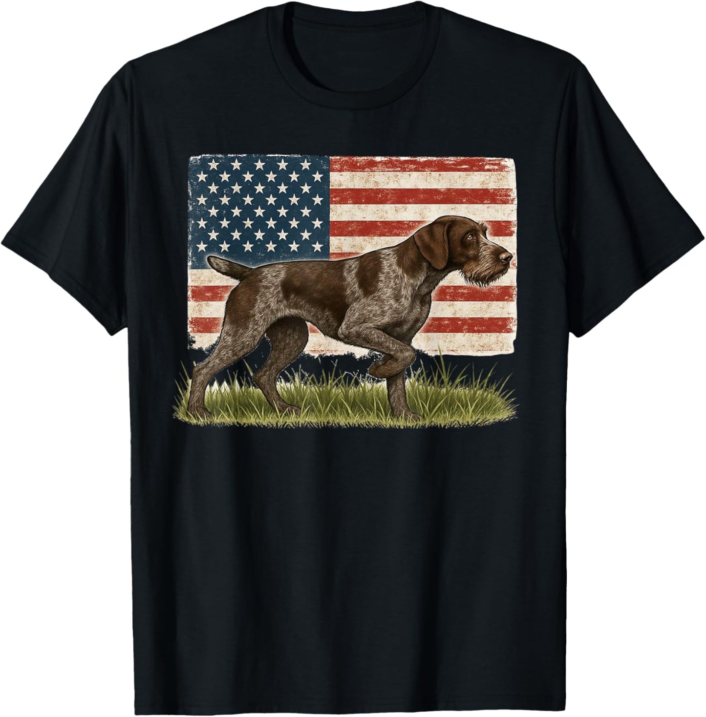 GWP German Wirehaired Pointer Hunting Dog American US Flag T-Shirt - T-Shirt | Black