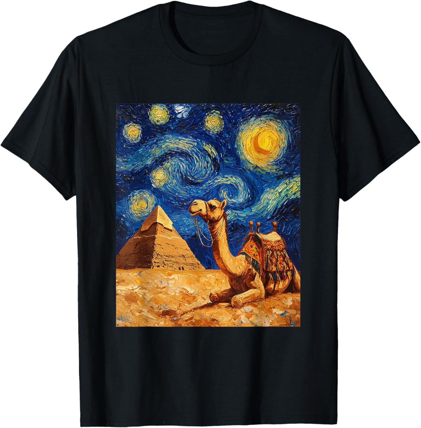 Camel Pyramid Egyptian Egypt - Van Gogh Style - Starry Night T-Shirt - T-Shirt | Black