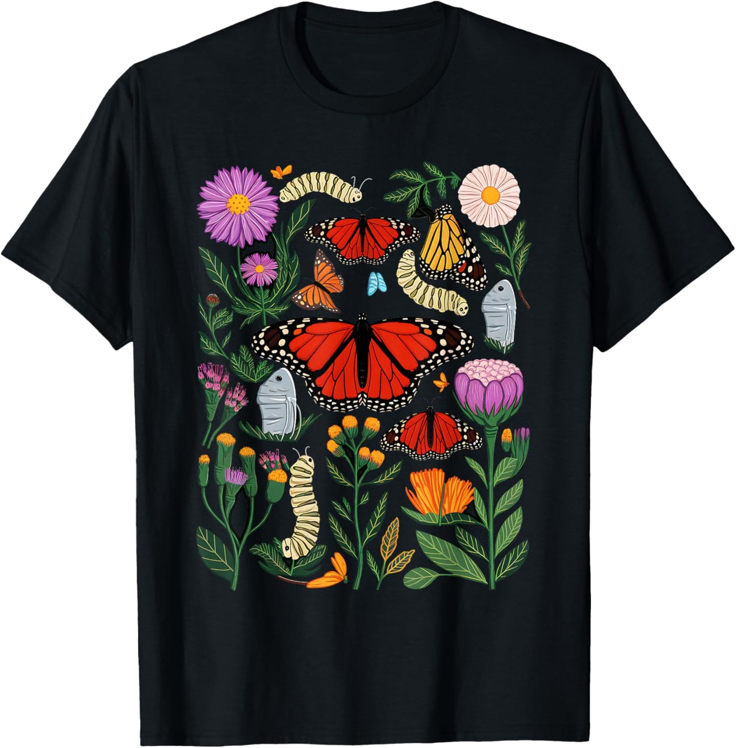 Monarch Butterfly Lover Life Cycle Metamorphosis Caterpillar T-Shirt - T-Shirt | Black