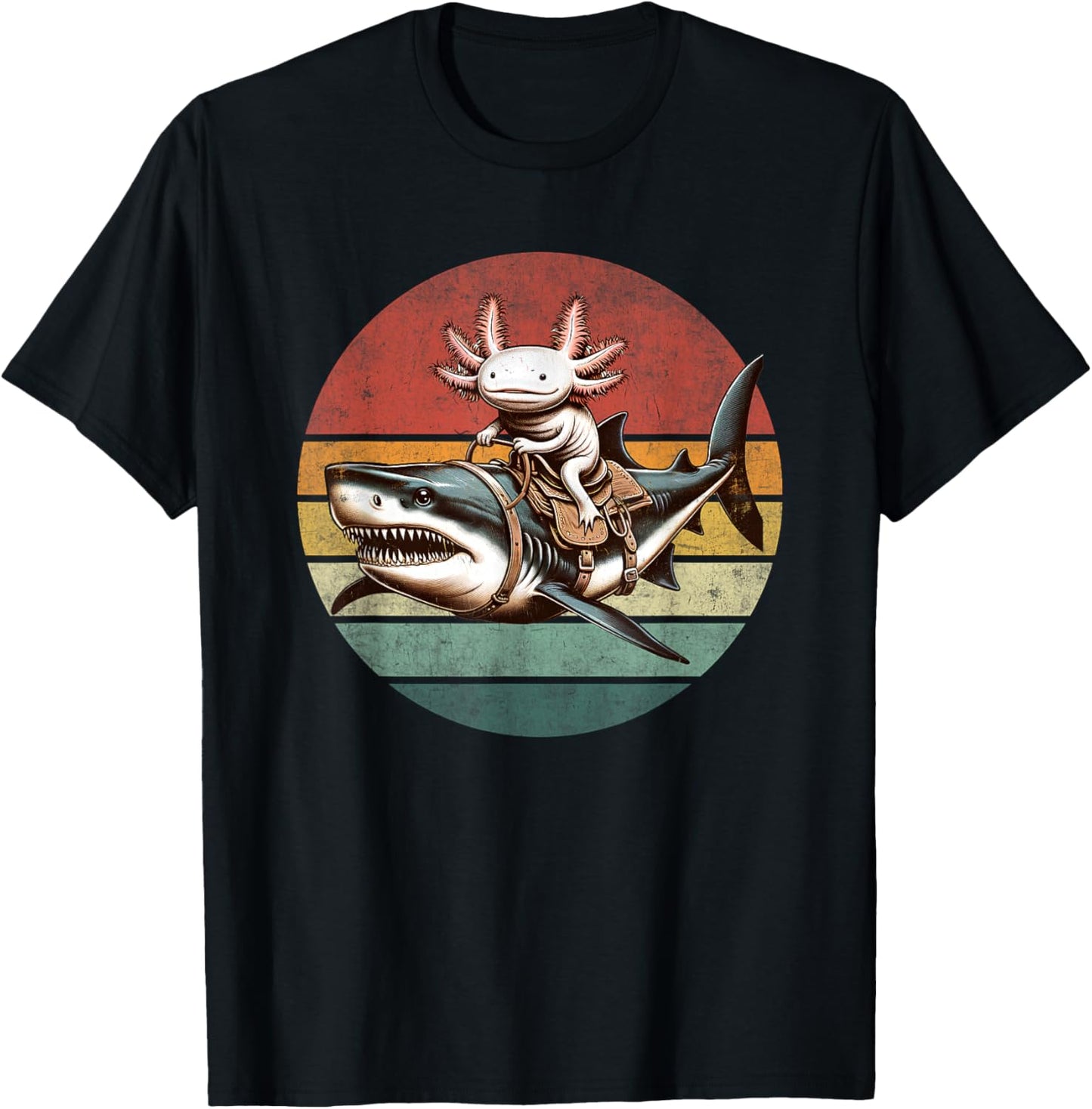 Vintage Axolotl Shark Rider Funny Retro Axolotl Riding Shark T-Shirt - T-Shirt | Black