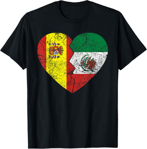 Mexican Spanish Flags Heart | Spain Mexico Roots Vintage T-Shirt - T-Shirt | Black