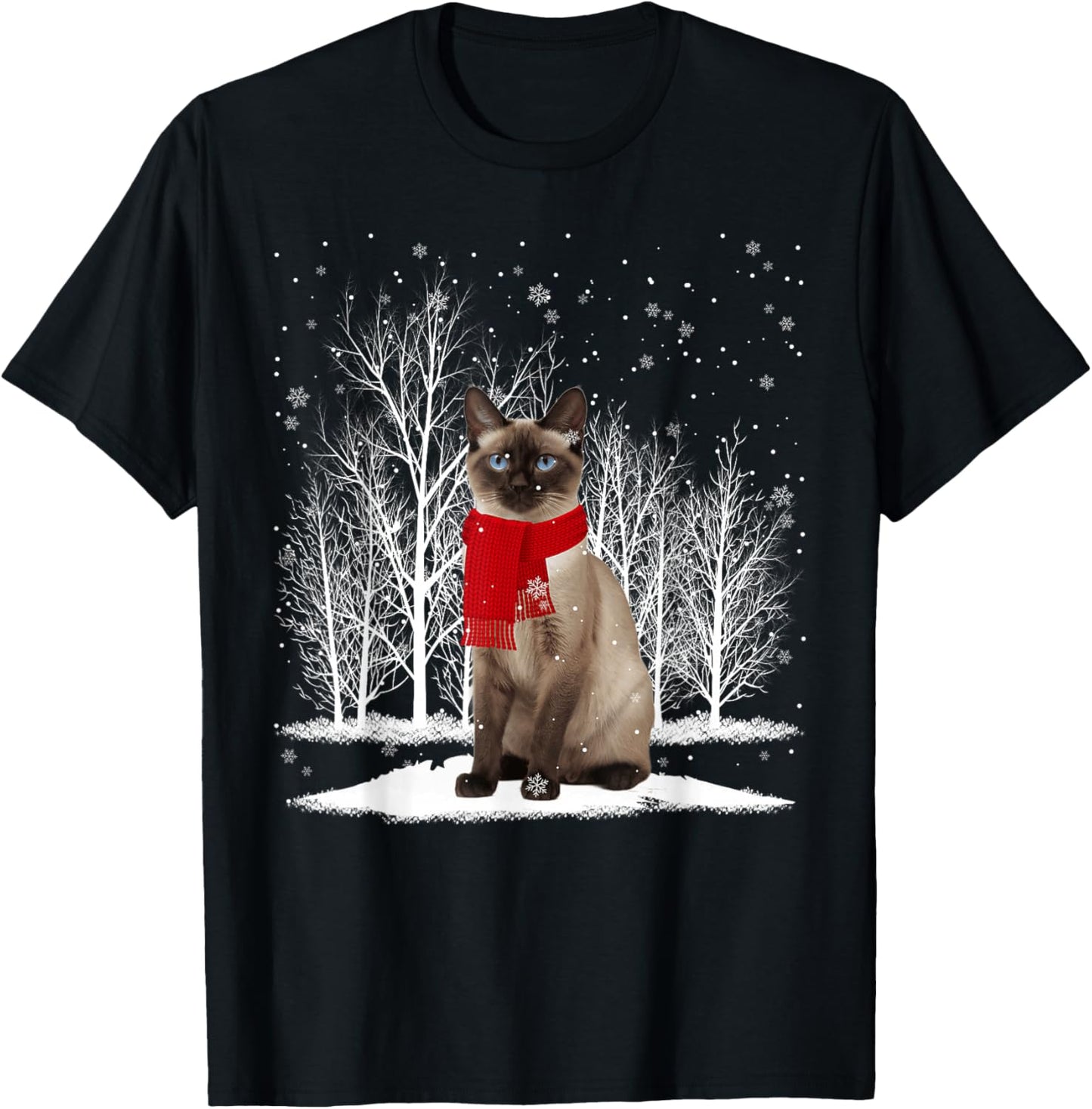 Funny Siamese Cat Wearing Ugly Christmas Sweater Scarf Xmas T-Shirt - T-Shirt | Black