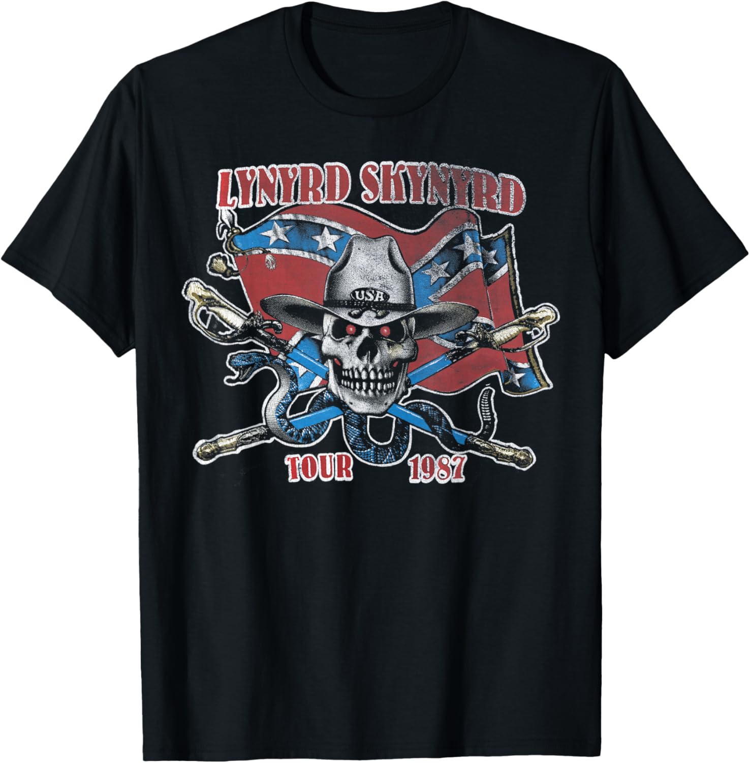 Lynyrd Skynyrd Tour 1987 Vintage USA Flag Southern Rock Band T-Shirt - T-Shirt | Black