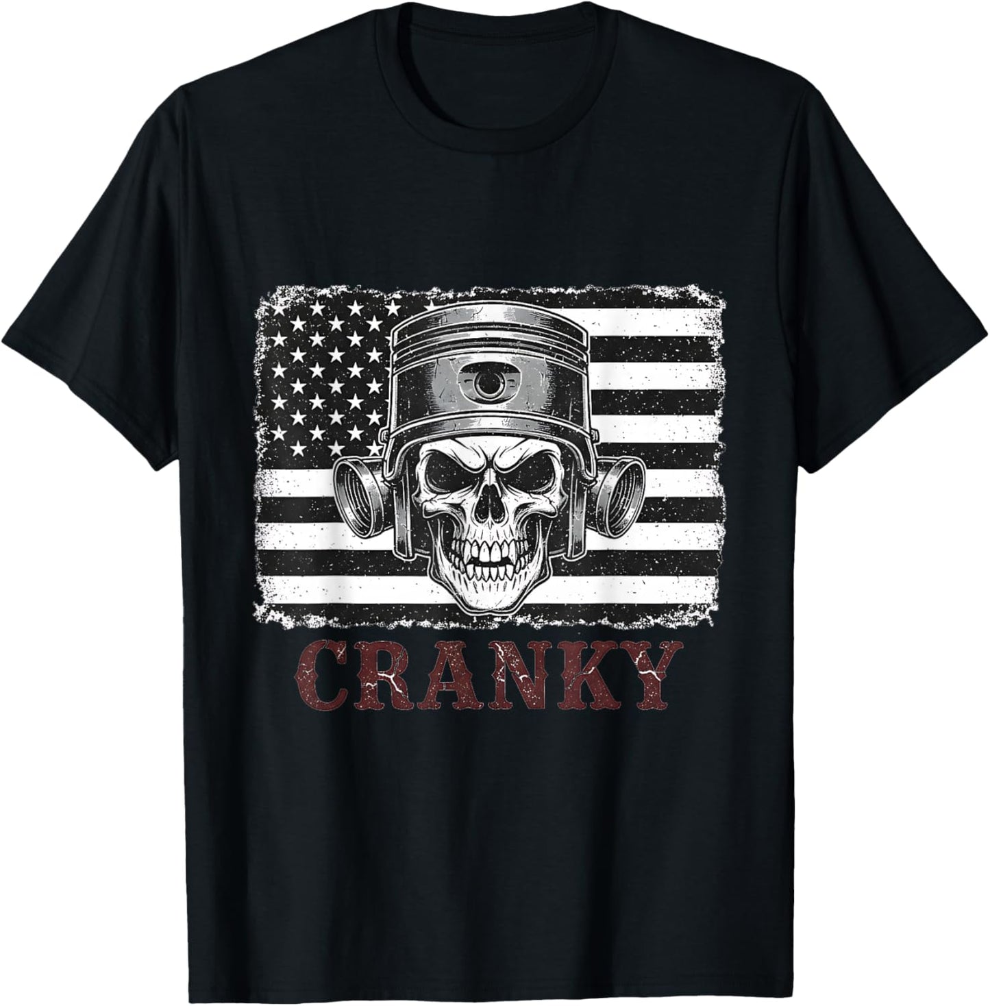 Cranky Car Engine Crankshaft Skull Mechanics USA Flag T-Shirt - T-Shirt | Black