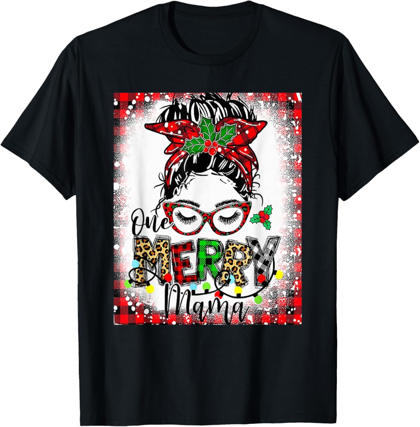 Bleached One Merry Mama Messy Bun Mama Christmas T-Shirt - T-Shirt | Black