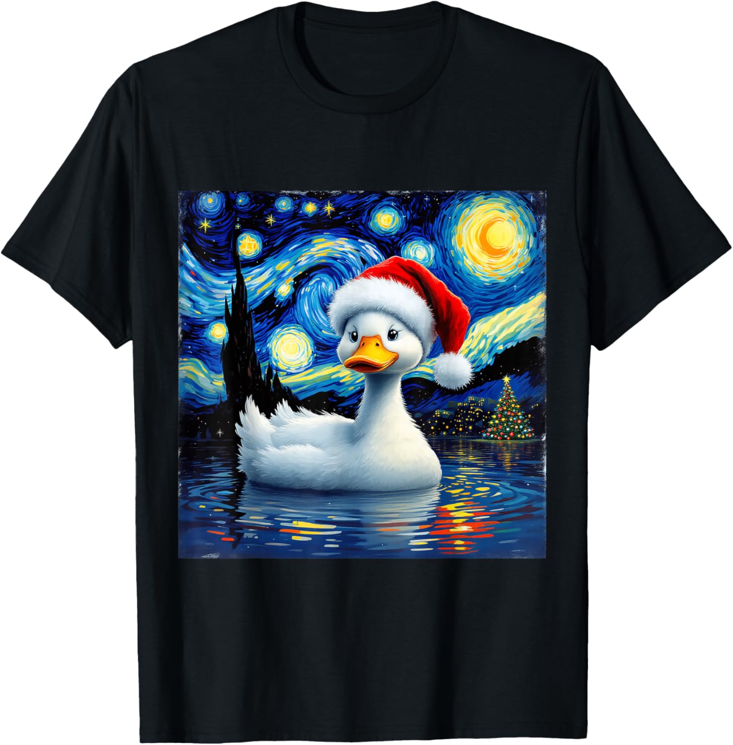 Christmas Duck Santa Hat Van Gogh Starry Night Holiday T-Shirt - T-Shirt | Black