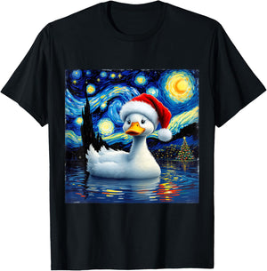 Christmas Duck Santa Hat Van Gogh Starry Night Holiday T-Shirt - T-Shirt | Black