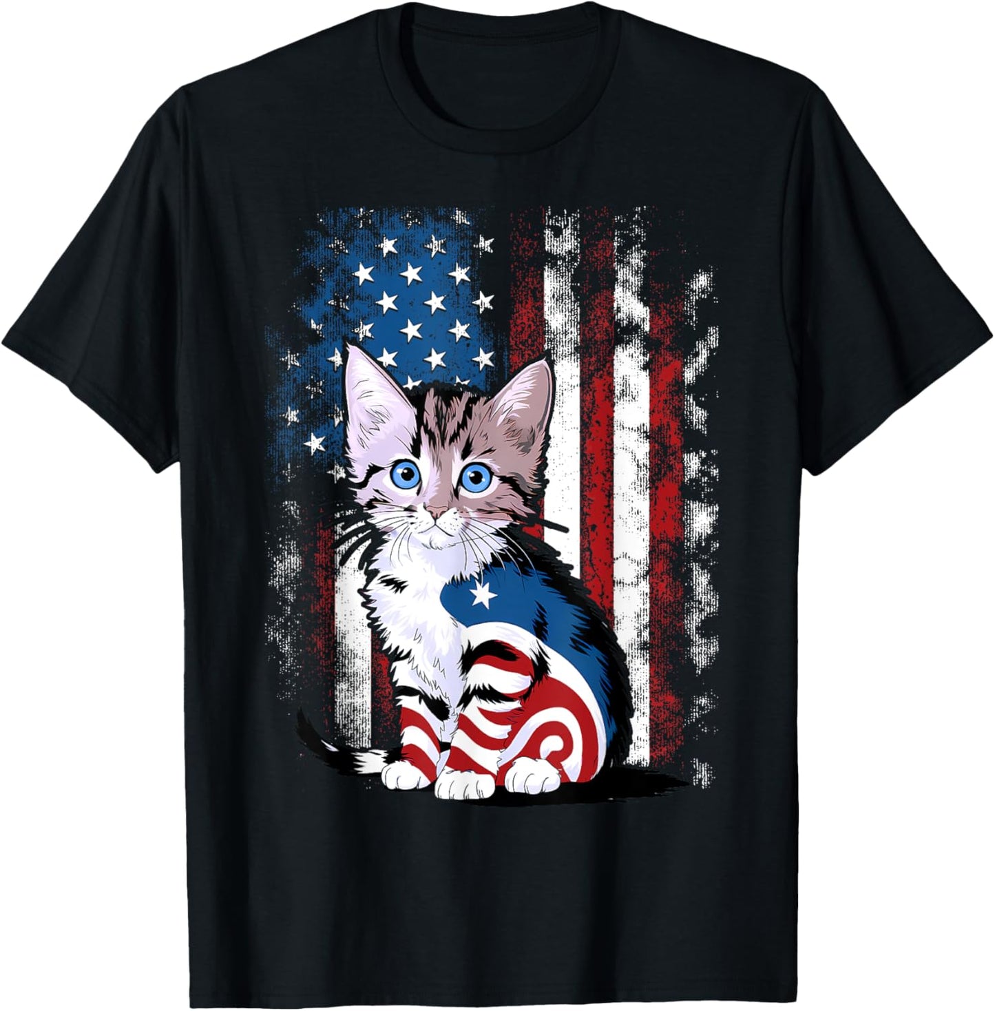 Memorial Day Cat Funny Kitten 4th of July Patriotic Usa Flag T-Shirt - T-Shirt | Black