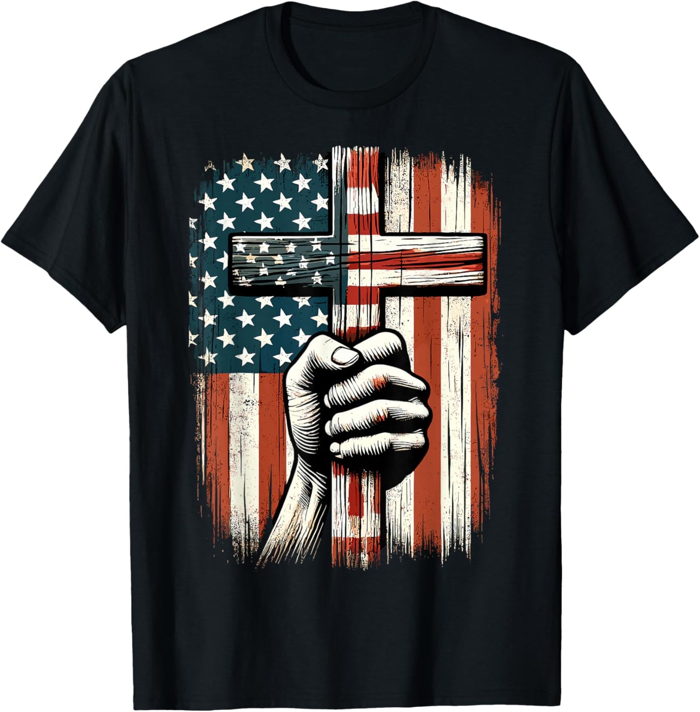 American USA Flag Christian Cross Jesus 4th of July T-Shirt - T-Shirt | Black