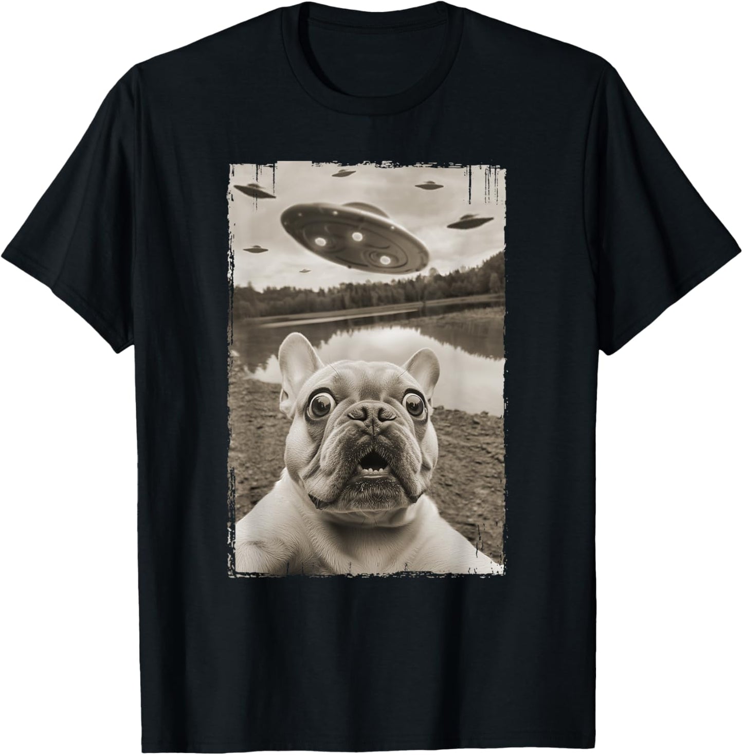 French Bulldog and UFO - Funny UFO and French Bulldog Selfie Women Kids T-Shirt - T-Shirt | Black