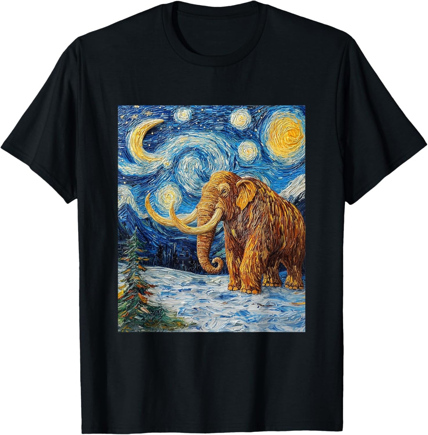 Woolly Mammoth Ice Age - Van Gogh Style - Starry Night T-Shirt - T-Shirt | Black