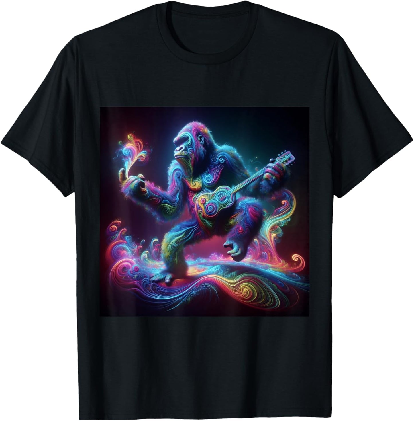 Psychedelic Gorilla Guitar Shaman Trippy Rainbow EDM Vibes T-Shirt - T-Shirt | Black