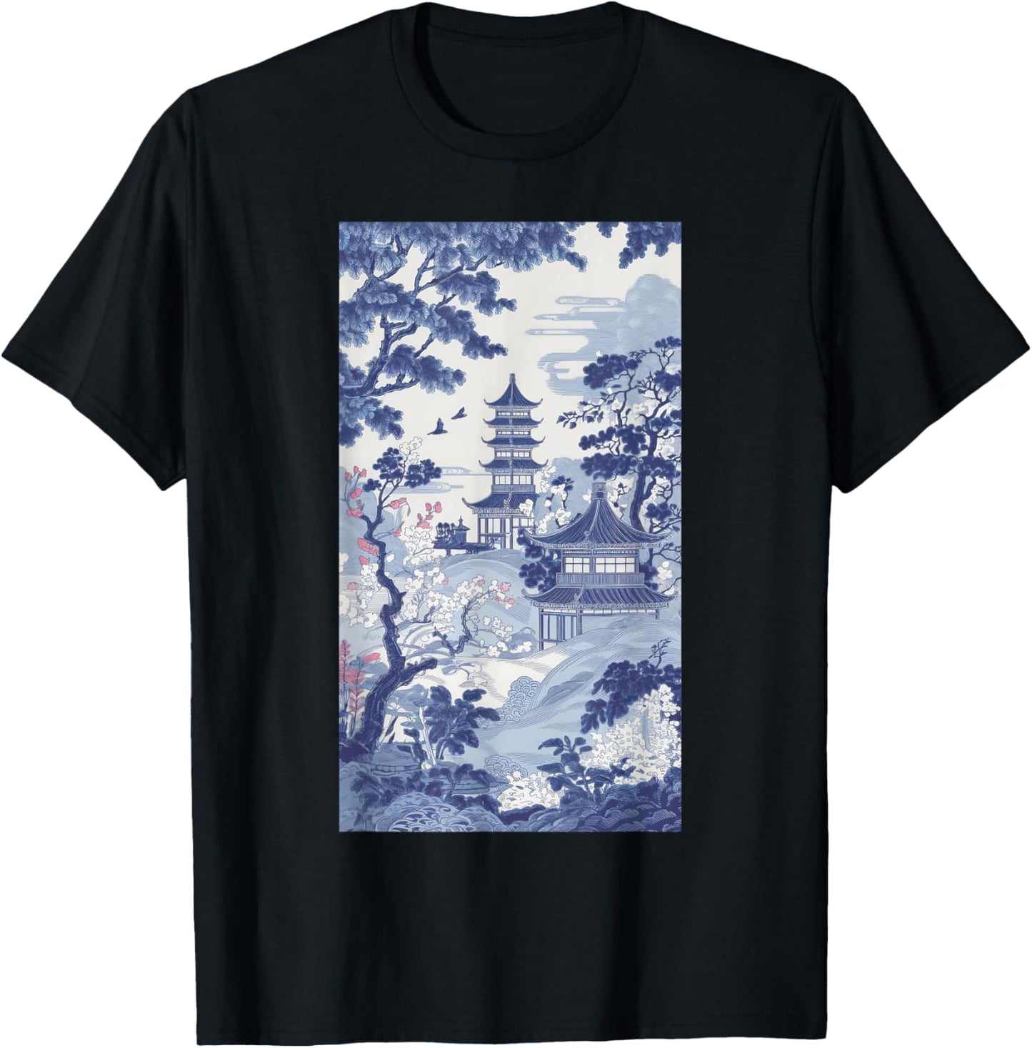 Blue Willow Asian Pattern Chinoiserie T-Shirt - T-Shirt | Black