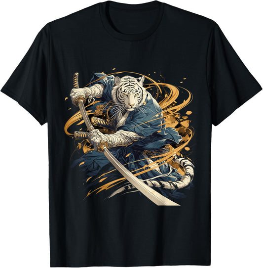 Japanese Art Tiger Ninja Ukiyo-e Anime Style Samurai Tiger T-Shirt - T-Shirt | Black