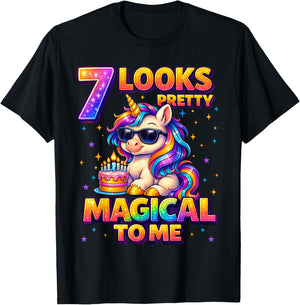 7 Looks Pretty Magical to Me Shirt Unicorn 7th Birthday Girl T-Shirt - T-Shirt | Black