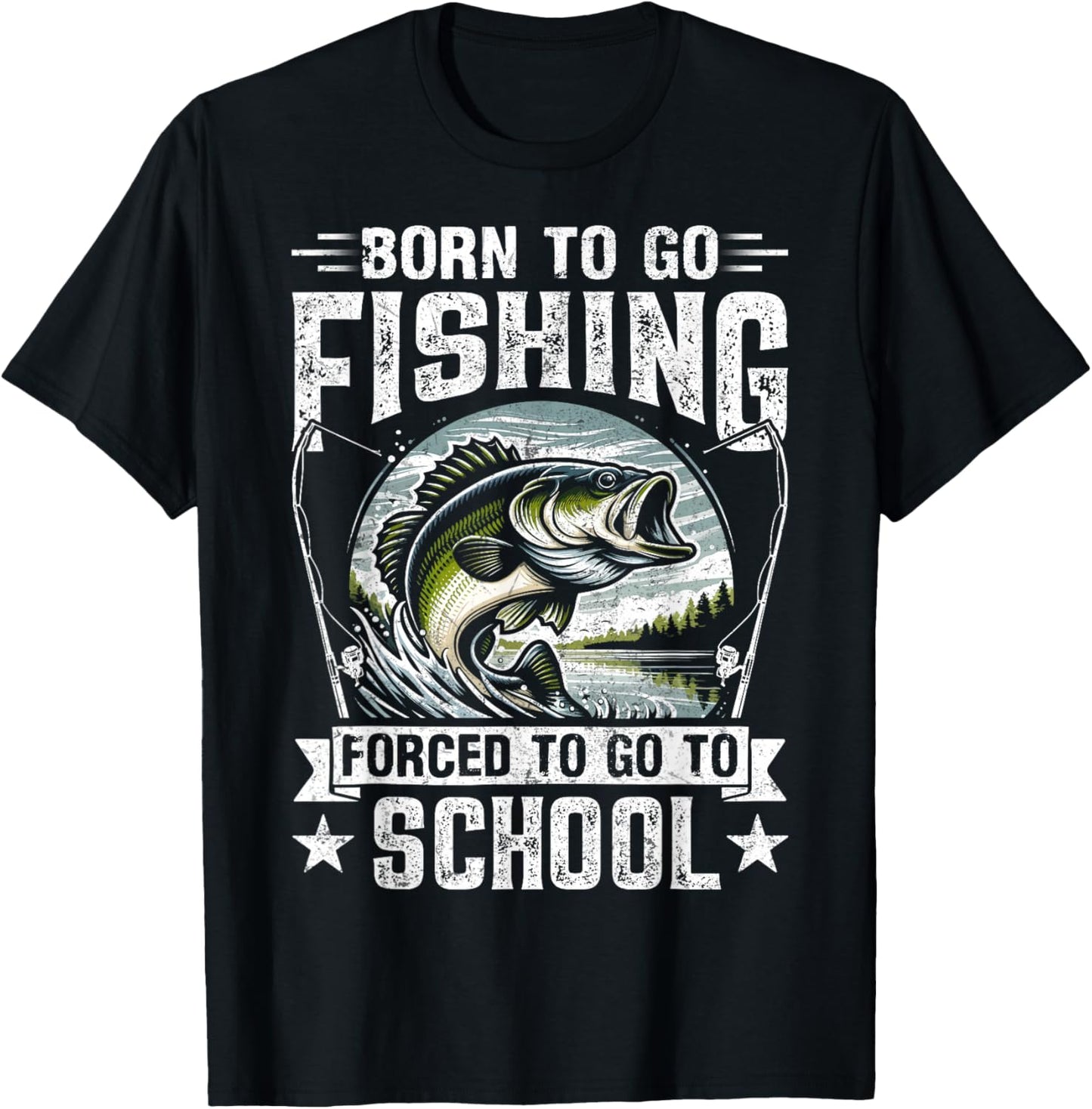 Teen Boys Fishing Shirt Forced to Go to School Bass Fish T-Shirt - T-Shirt | Black