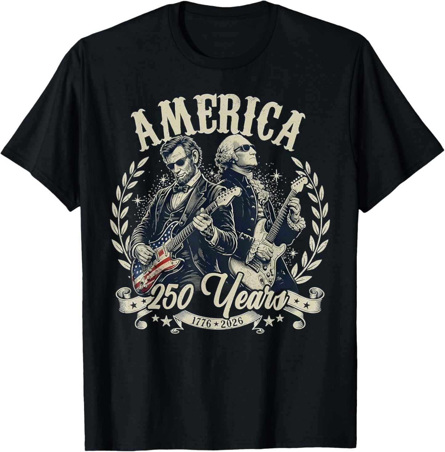 USA George Washington Abe Lincoln Playing Guitar 250th T-Shirt - T-Shirt | Black