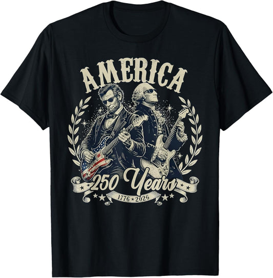 USA George Washington Abe Lincoln Playing Guitar 250th T-Shirt - T-Shirt | Black