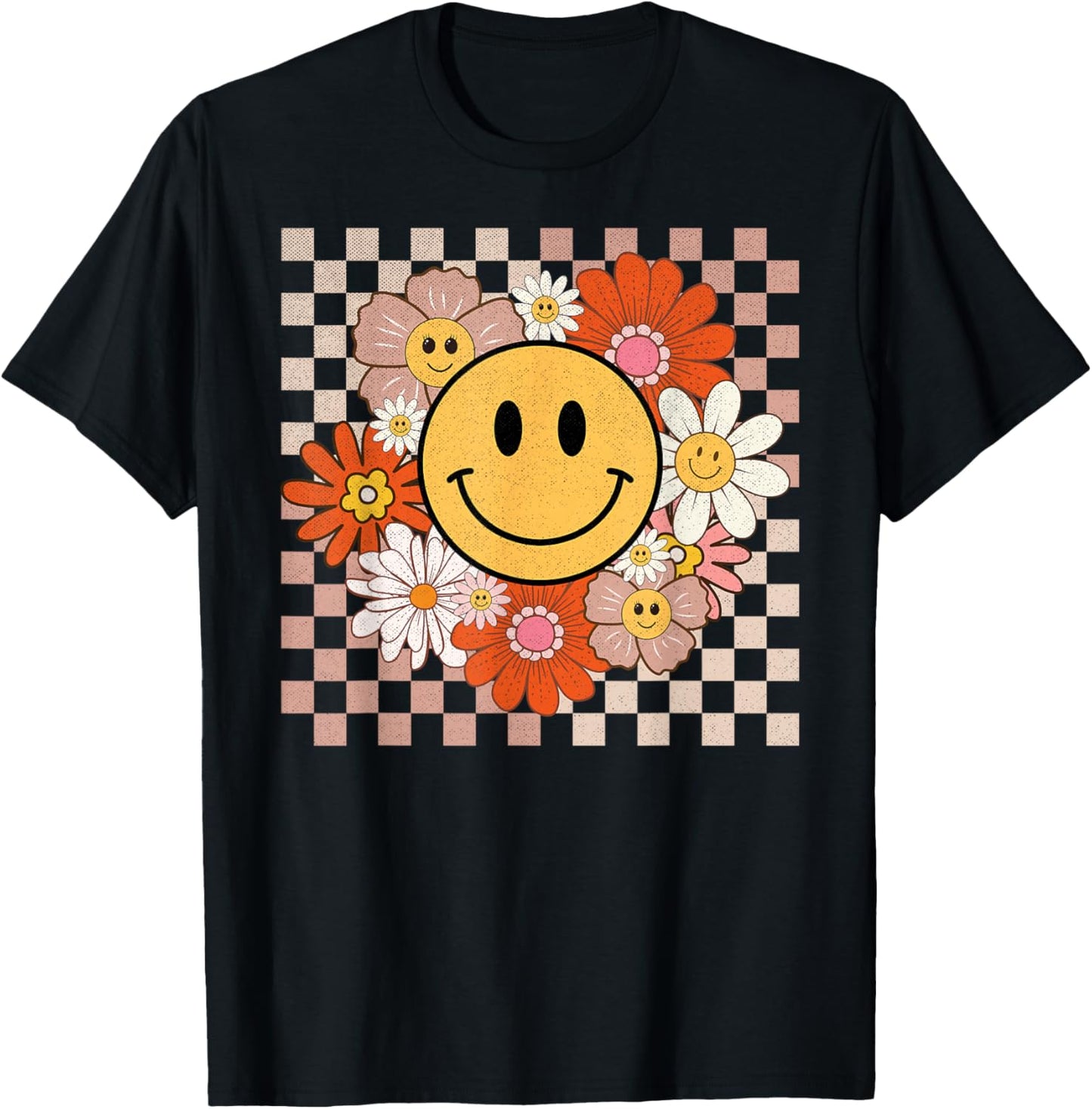 Retro Groovy Smile Happy Face Flowers Checkered 70s Hippie T-Shirt - T-Shirt | Black