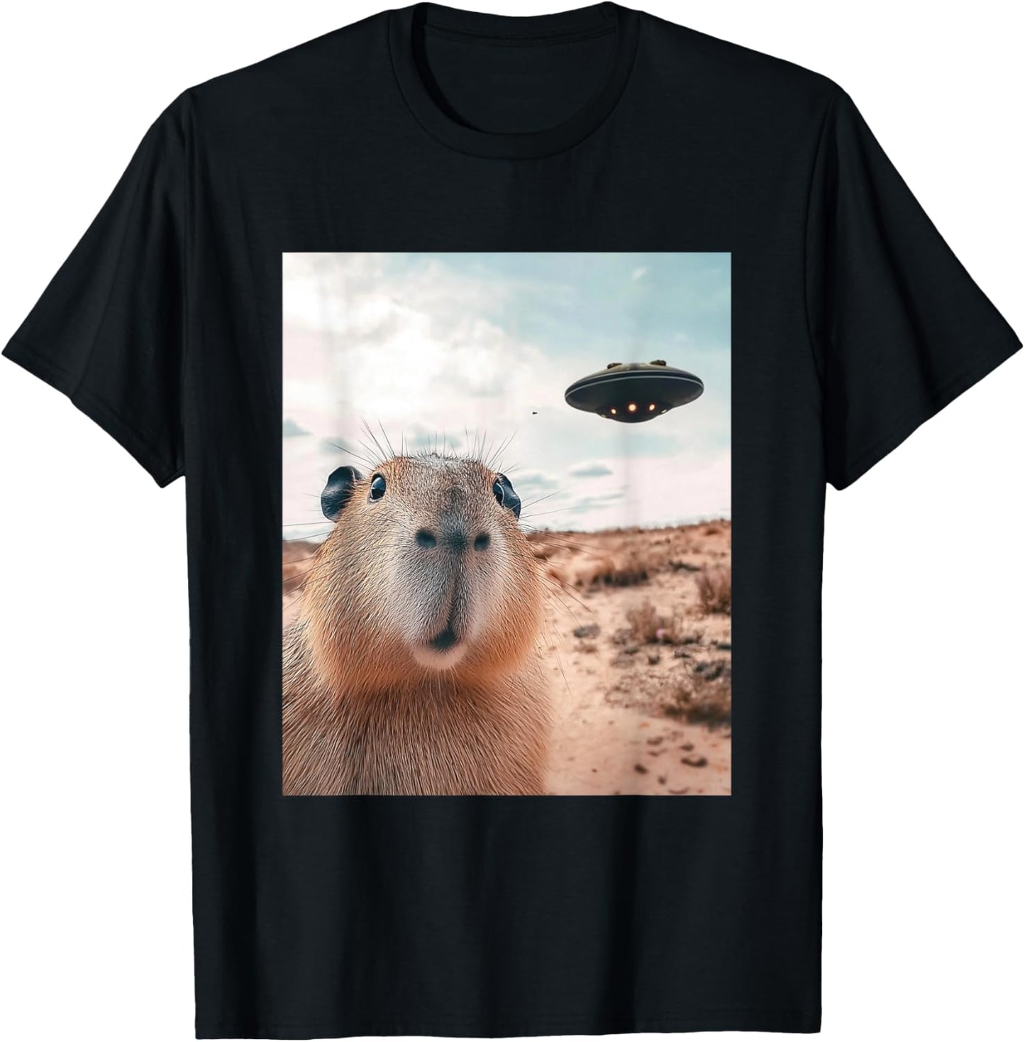 Capybara Selfie with UFOs Funny Graphic T-Shirt - T-Shirt | Black