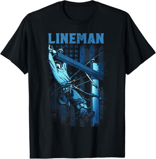 Lineman American Flag Electric Cable Lineman T-Shirt - T-Shirt | Black