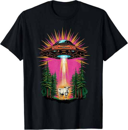 Vintage UFO Cow Abduction Alien Christmas Sci-fi Gift Funny T-Shirt - T-Shirt | Black