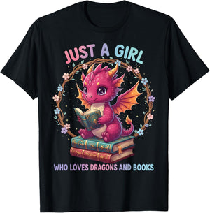 Just A Girl Who Loves Dragons and Books Reading Bookworm T-Shirt - T-Shirt | Black