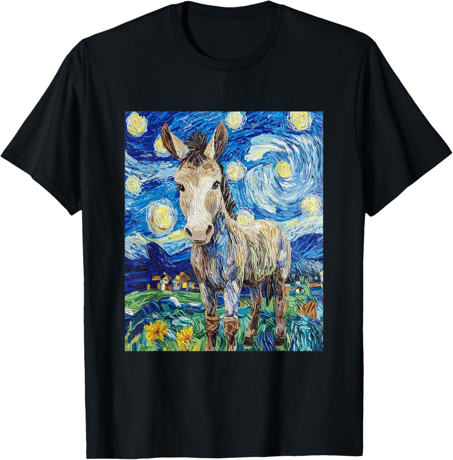 Funny Donkey - Van Gogh Style - Starry Night Graphic T-Shirt - T-Shirt | Black