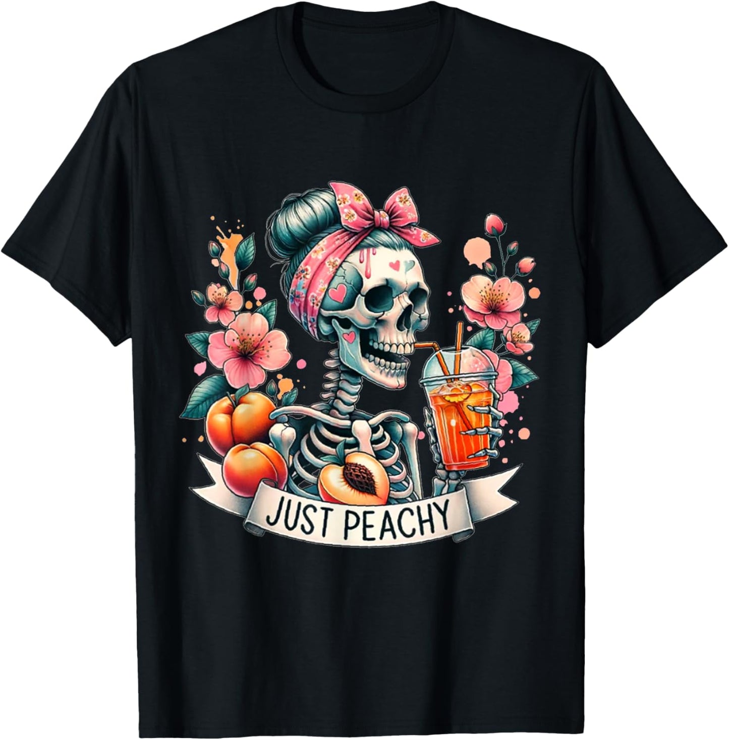 Just Peachy Skeleton Retro 70s Hippie Summer Vibes T-Shirt - T-Shirt | Black