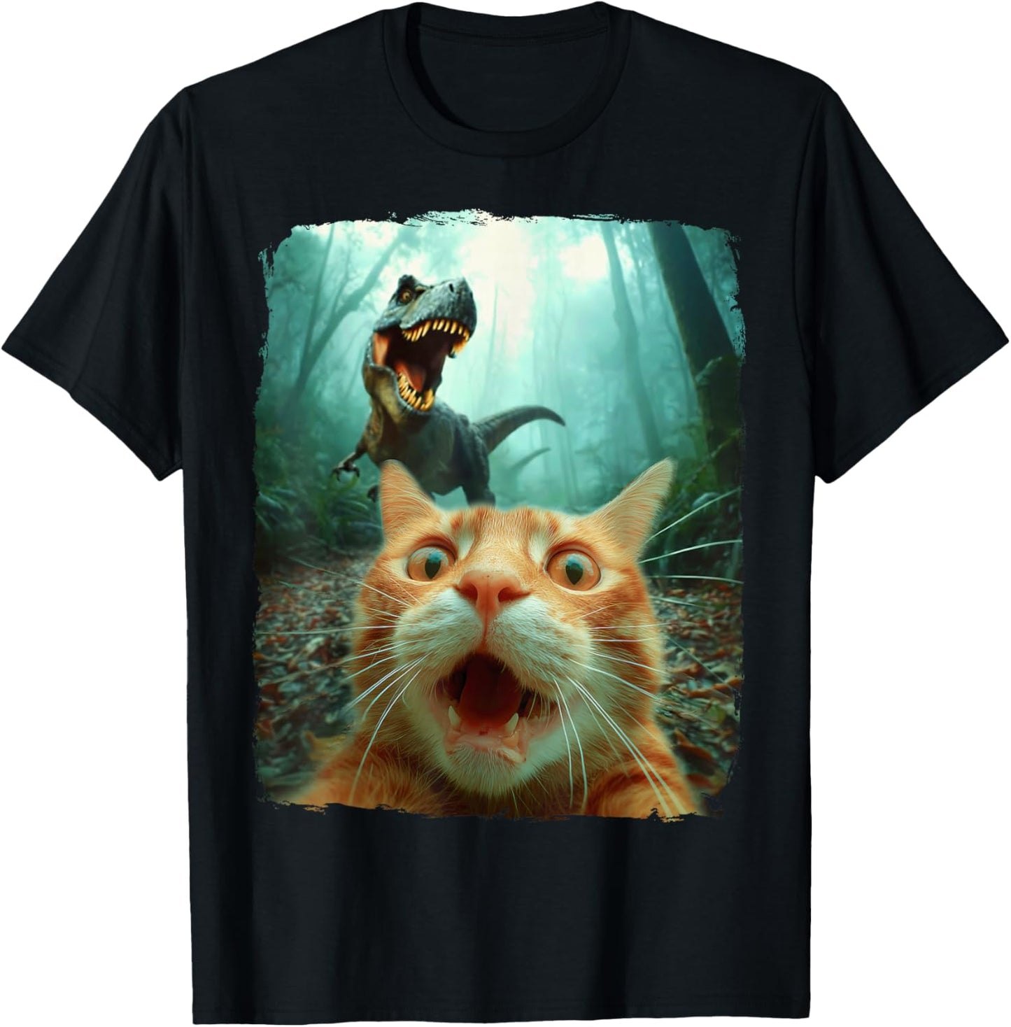 Cat Selfie with Dino T-Rex Dinosaur Humor Men Women Kids T-Shirt - T-Shirt | Black