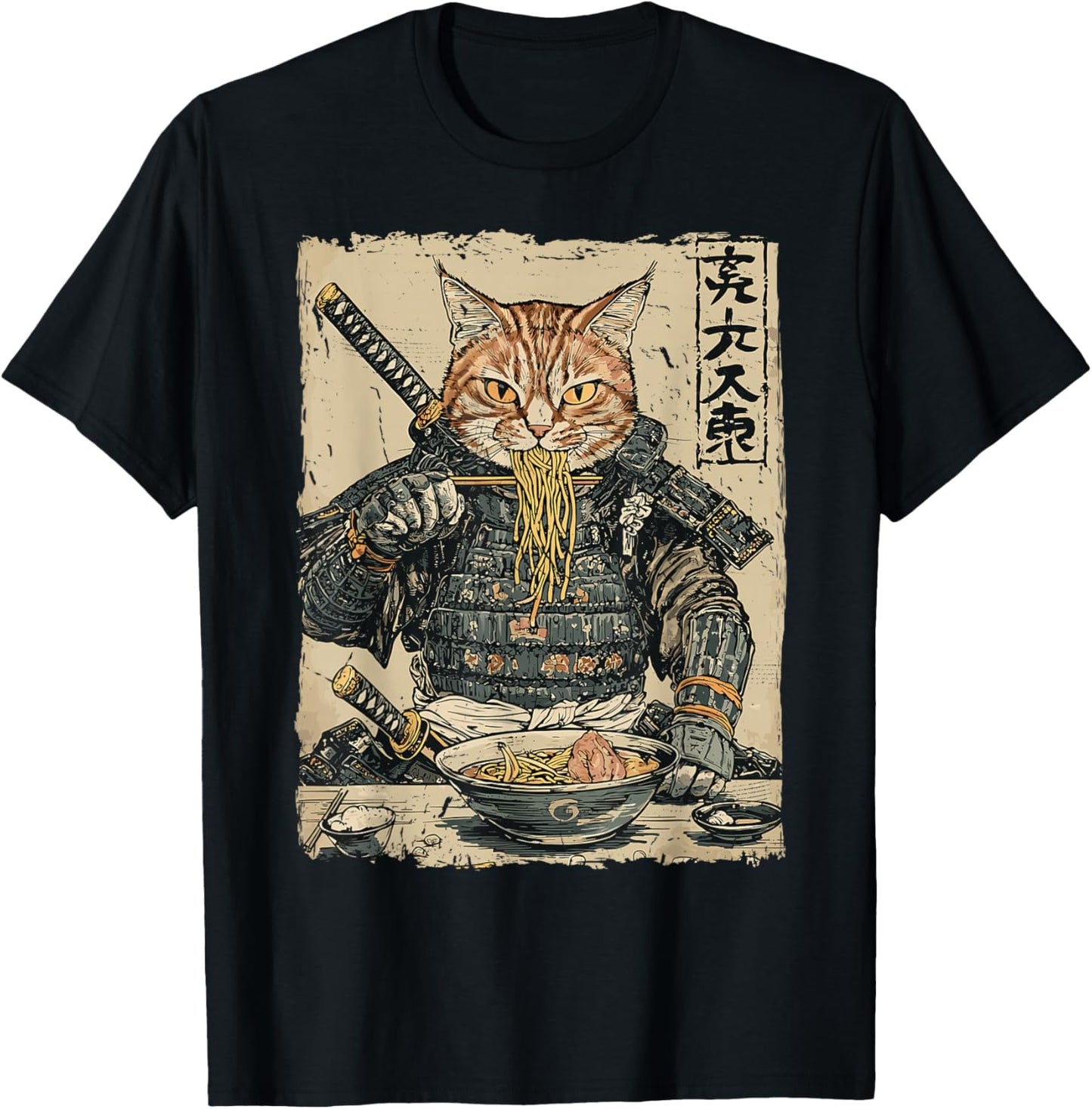 Samurai Cat Loves Ramen Funny Anime Japanese Artwork Samurai T-Shirt - T-Shirt | Black