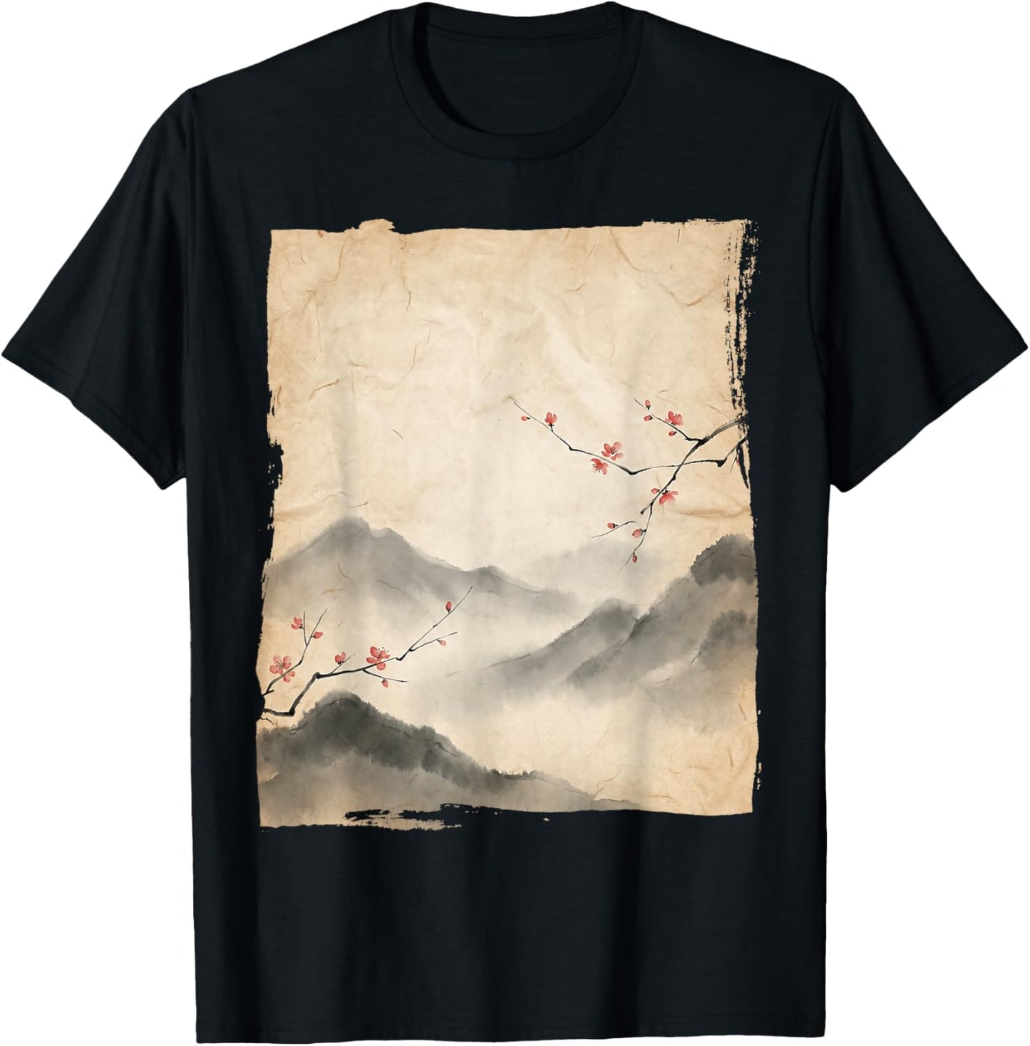 Sakura Blossom Branches Japanese Ink Painting Art T-Shirt - T-Shirt | Black