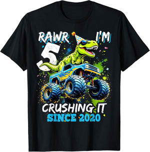 5th Birthday Monster Truck Dinosaur Party Boys Rawr I'm 5 T-Shirt - T-Shirt | Black