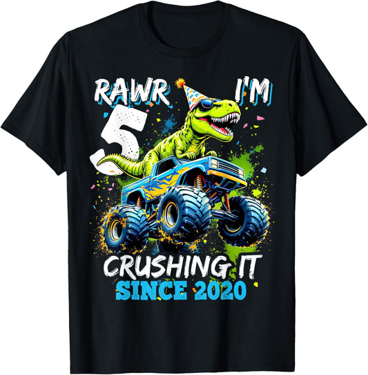 5th Birthday Monster Truck Dinosaur Party Boys Rawr I'm 5 T-Shirt - T-Shirt | Black