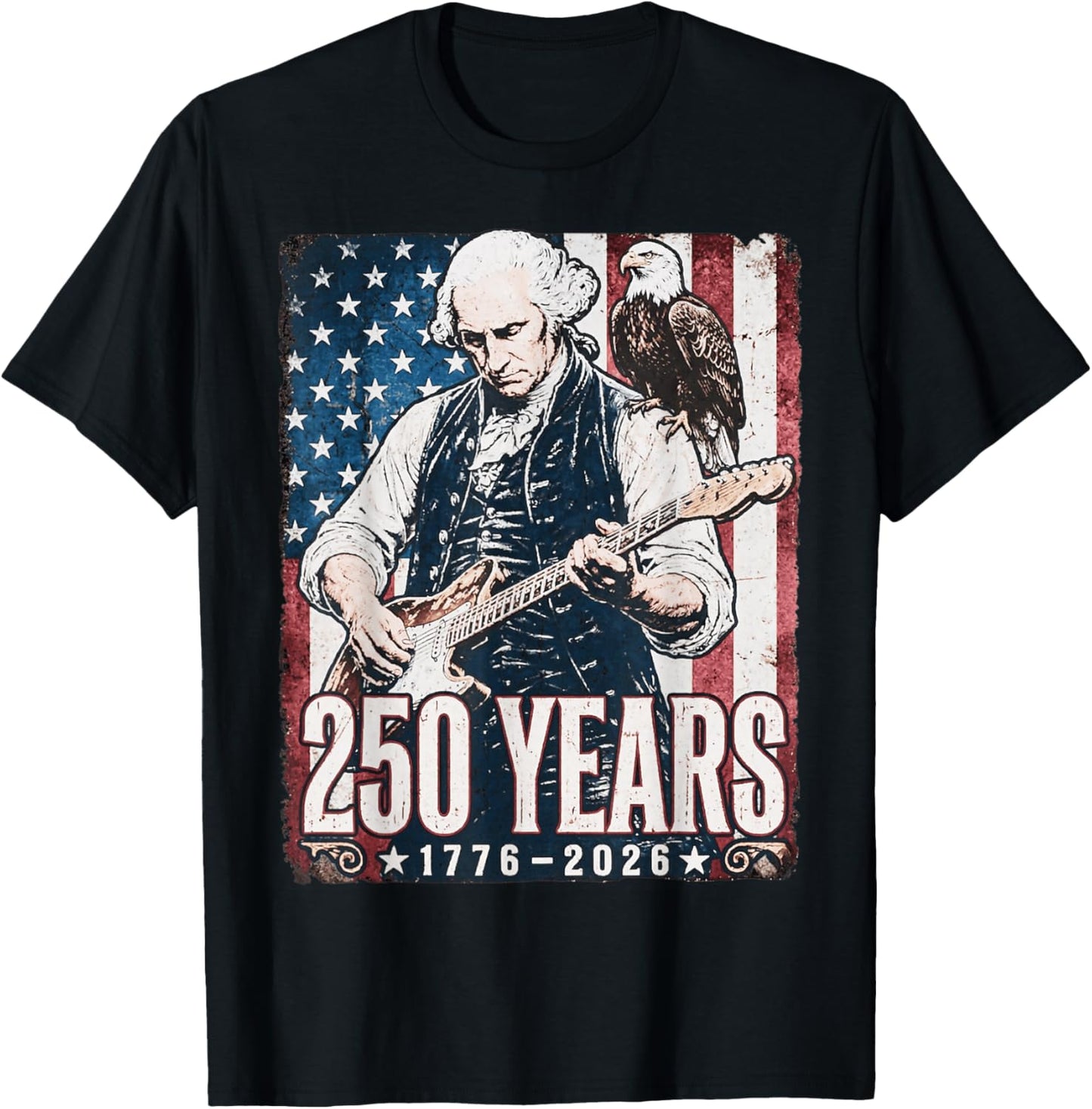 United States 250 Anniversary Washington Playing Guitar T-Shirt - T-Shirt | Black