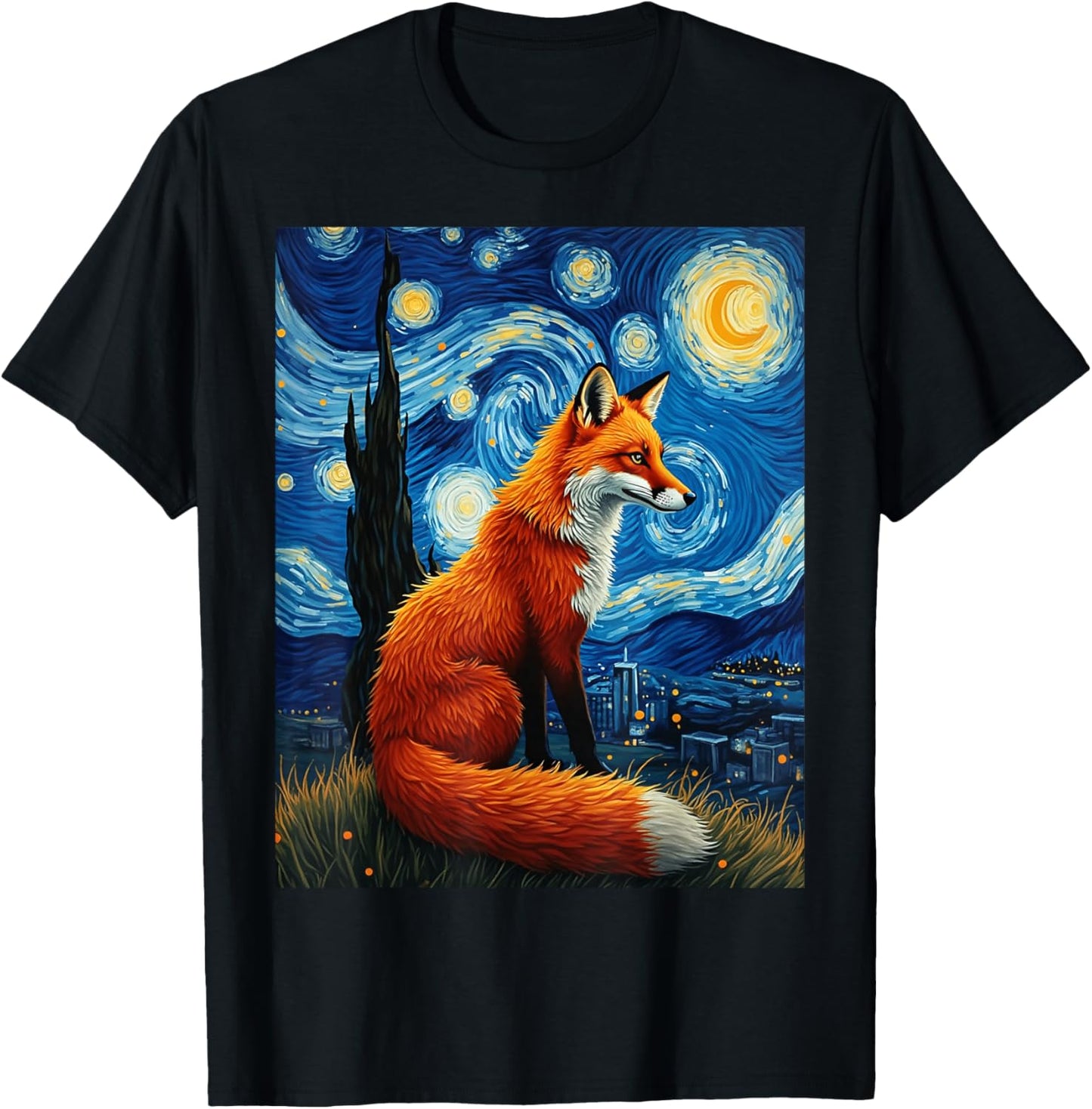 Van Gogh's Starry Night Red Fox Cunning Trickster Animal T-Shirt - T-Shirt | Black