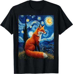 Van Gogh's Starry Night Red Fox Cunning Trickster Animal T-Shirt - T-Shirt | Black