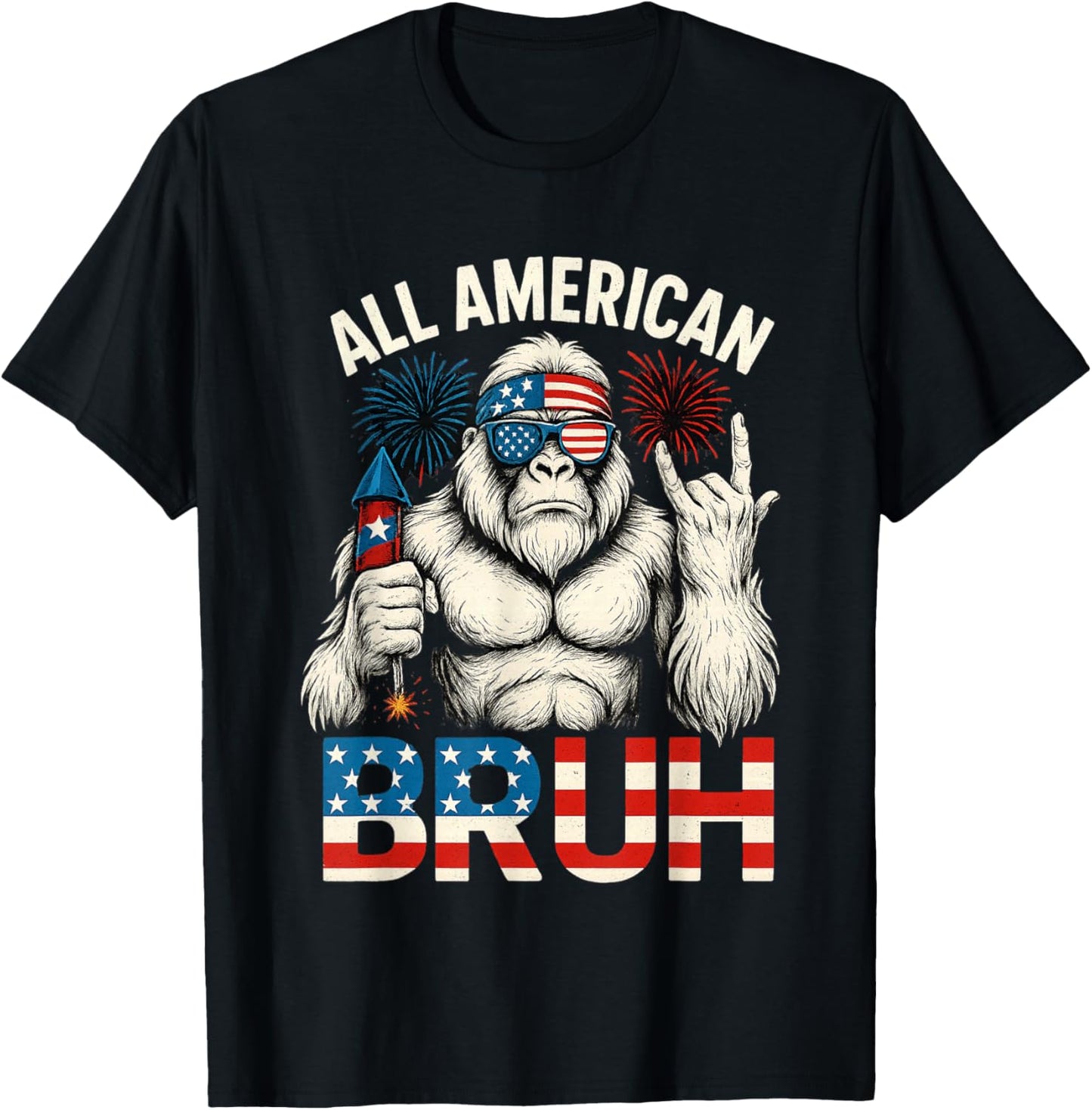Bruh Bigfoot Merica Rock American Flag Patriotic 4th of July T-Shirt - T-Shirt | Black