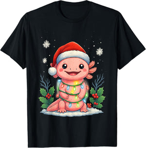 Girls Axolotl Christmas Santa Hat Funny Xmas Pajamas Kids T-Shirt - T-Shirt | Black