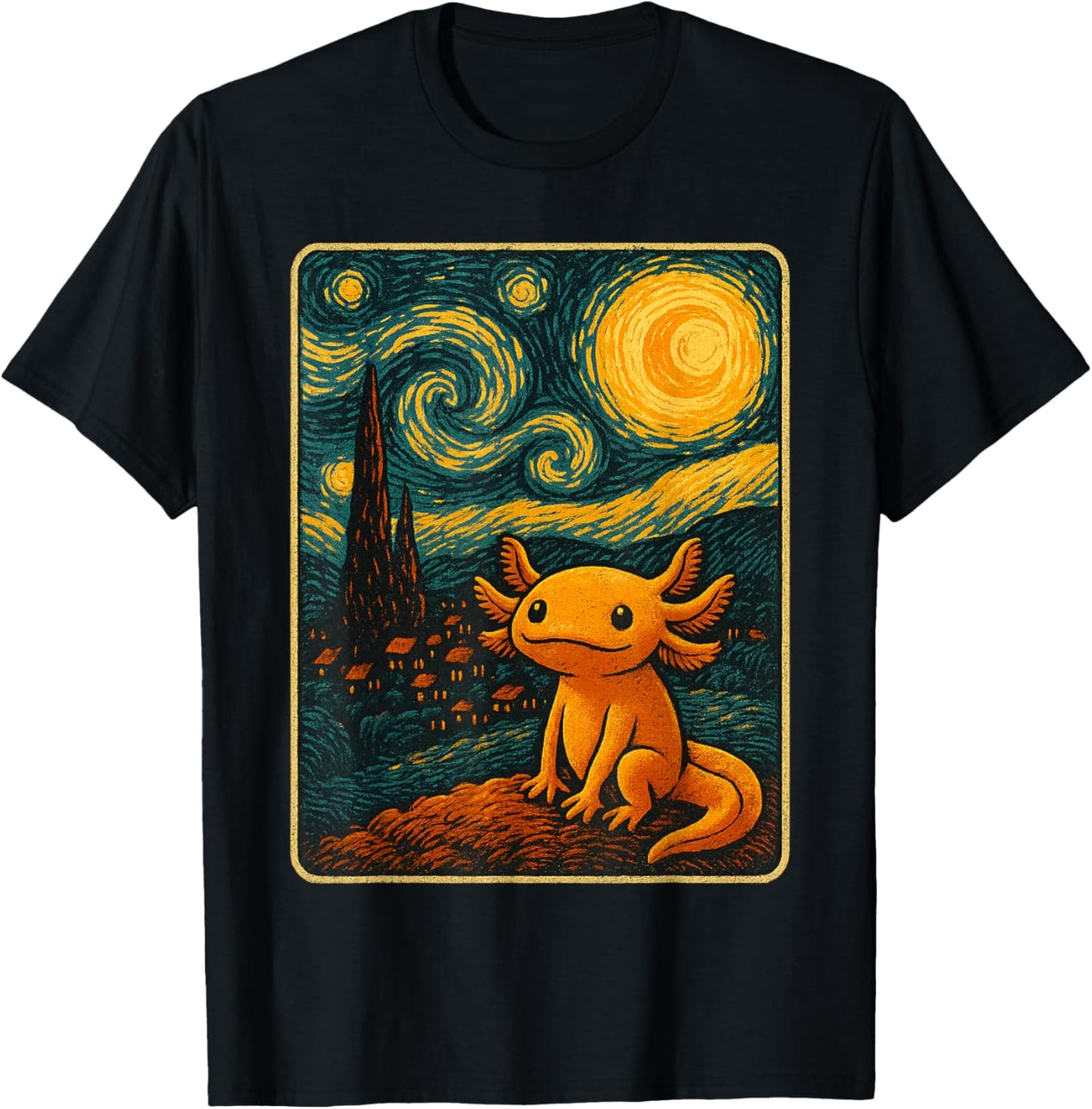 Axolotl Starry Night Van Gogh Art Gifts Women Kid T-Shirt - T-Shirt | Black